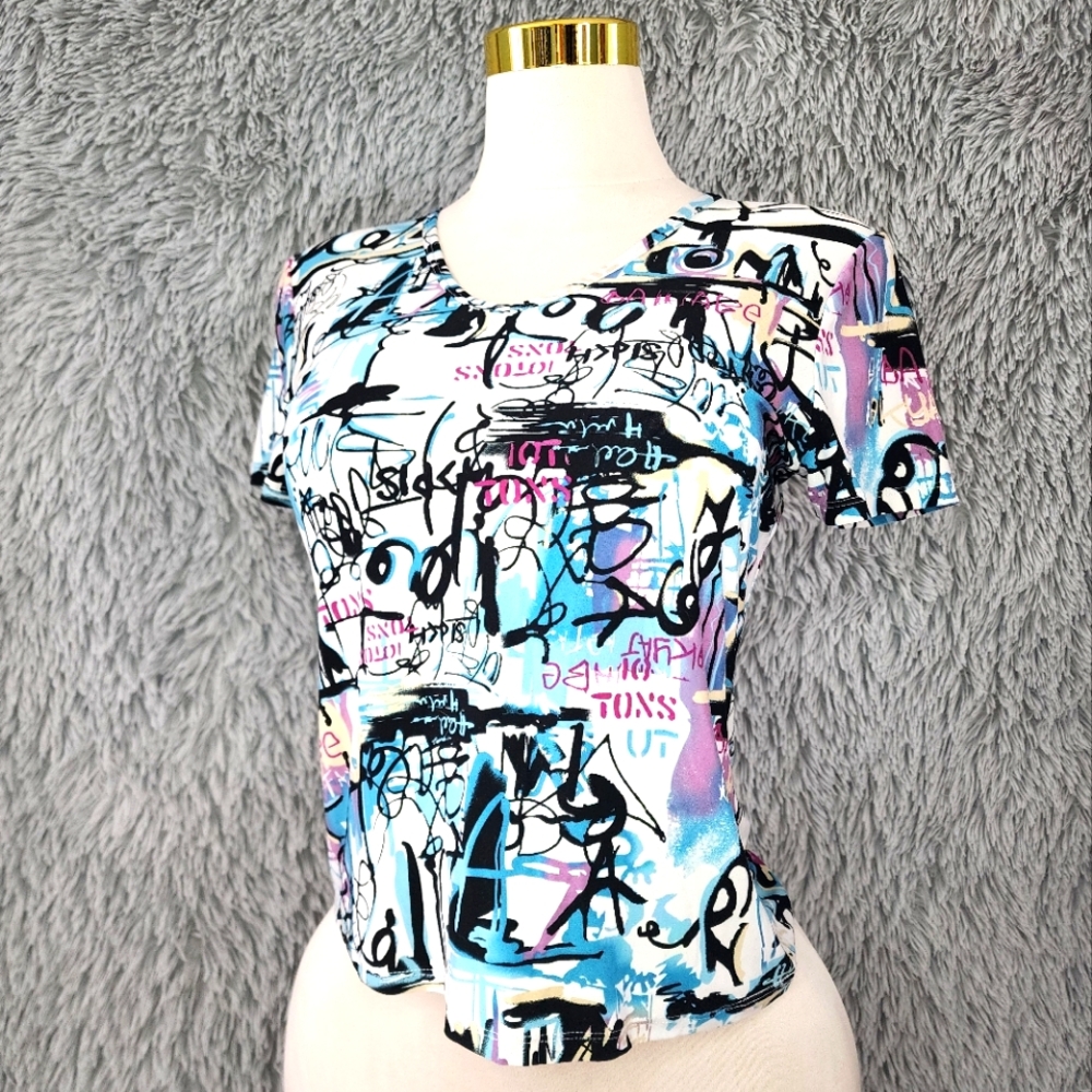 Nygard Collection Petite Street Graffiti Print Soft Short Sleeved Shirt